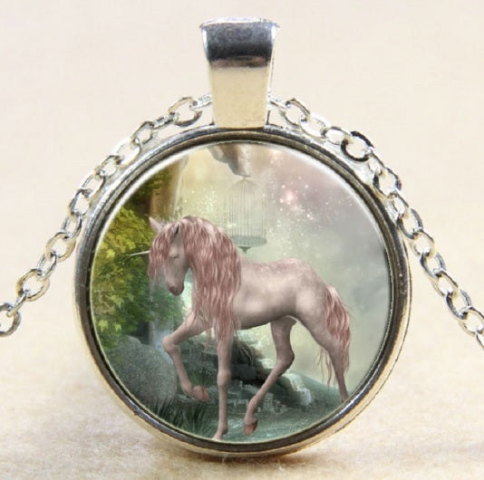 Large Pink Mystical Magical Unicorn Cameo Glass Cabochon Pendant Necklace 38mm - Silver Coloured