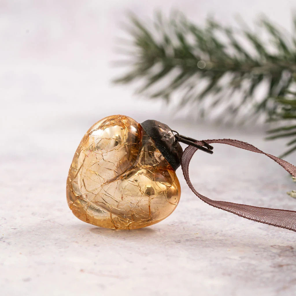 6 Pack Small Glass Handcrafted Baubles Premium Traditional Christmas Tree Craft - Set of 6 Champagne Crackle Hearts