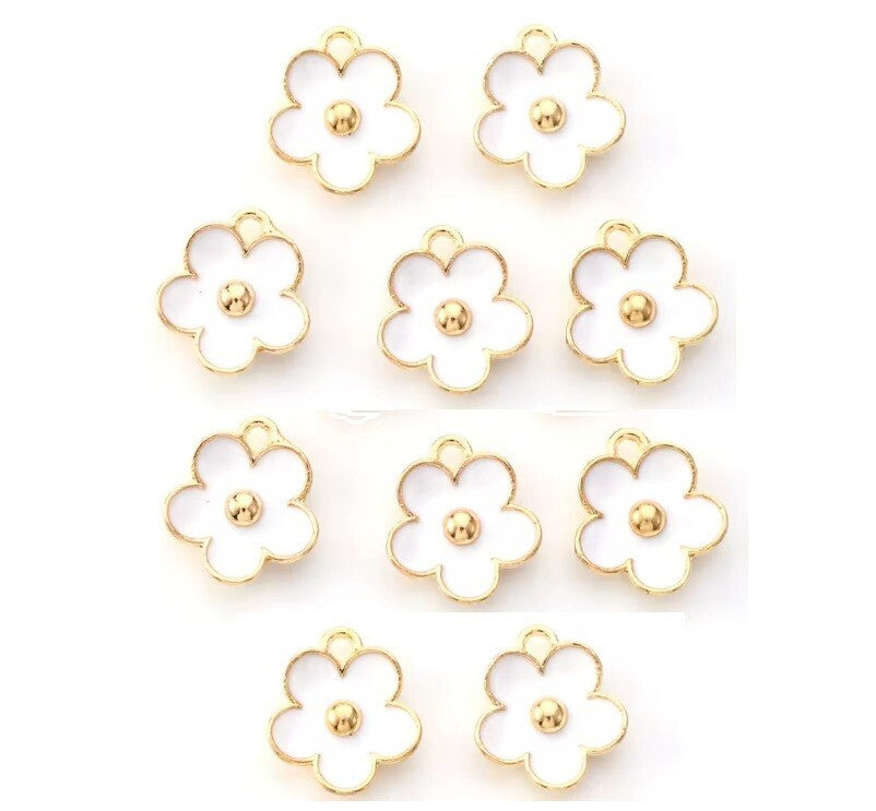 10 Gold Plated And White Enamel Daisy Flower Charms Pendants Jewellery Making