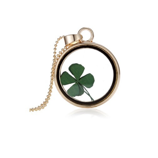Dried Flower Round Locket Pendant Gold Plated Glass Charm Chain Necklace Botanic - Lucky Clover
