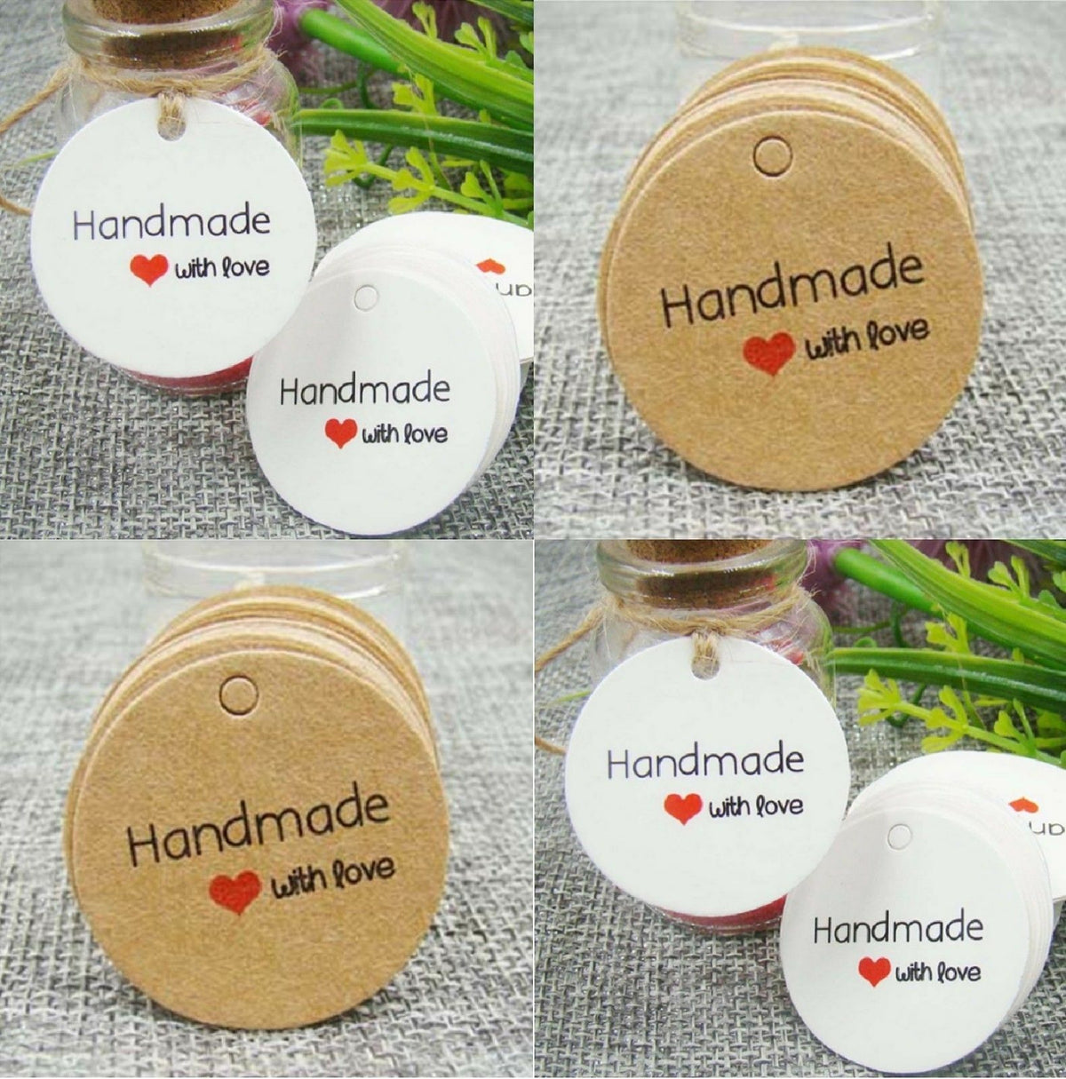 100 x Round Paper Tags Hand Made with Love Craft Gift Food Tag With String