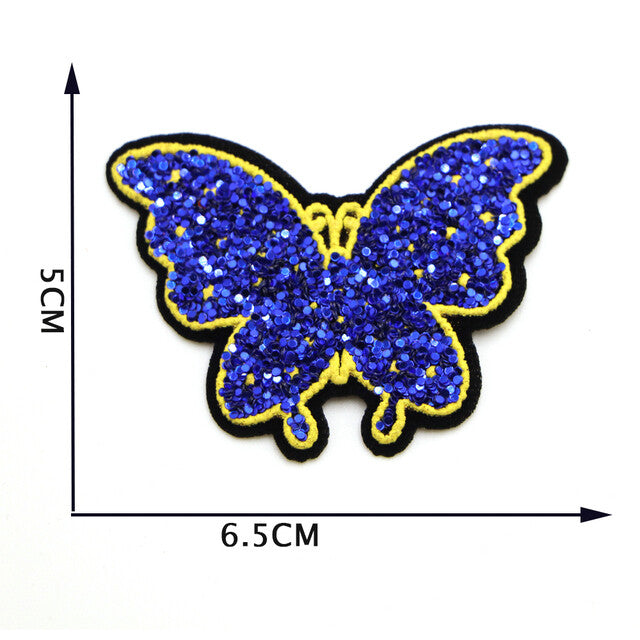 Butterfly Embroidered Iron on Glitter Sequins Patch Customise Clothing Patches - Blue