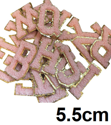 3D Multicolour & Gold Chenille Patch Letter Patches Iron on Alphabet 5.5cm - Light Pink