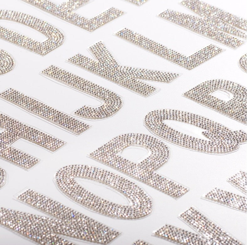 Large Crystal Rhinestone Letter Patch Patches Iron on Alphabet Customise 7.5cm - Clear/Silver Crystal