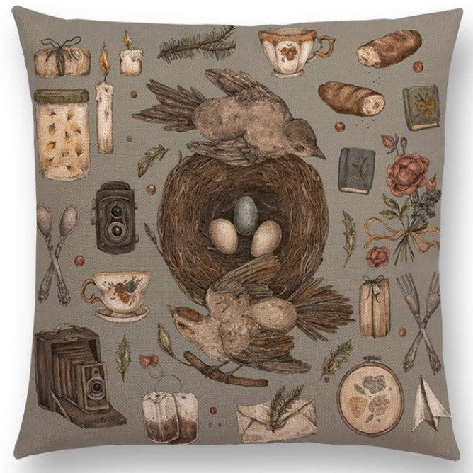 Vintage Design Animal Gems Minerals Floral Nature Plant Cushion Covers 17" x 17" - Birds & Nest