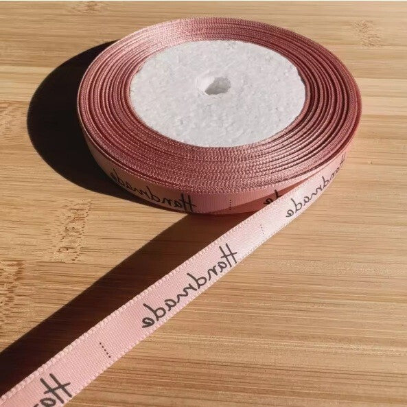 20 Meter Roll " Handmade" Print Satin Ribbon Full Whole Roll Sew On Label - Dusky Pink