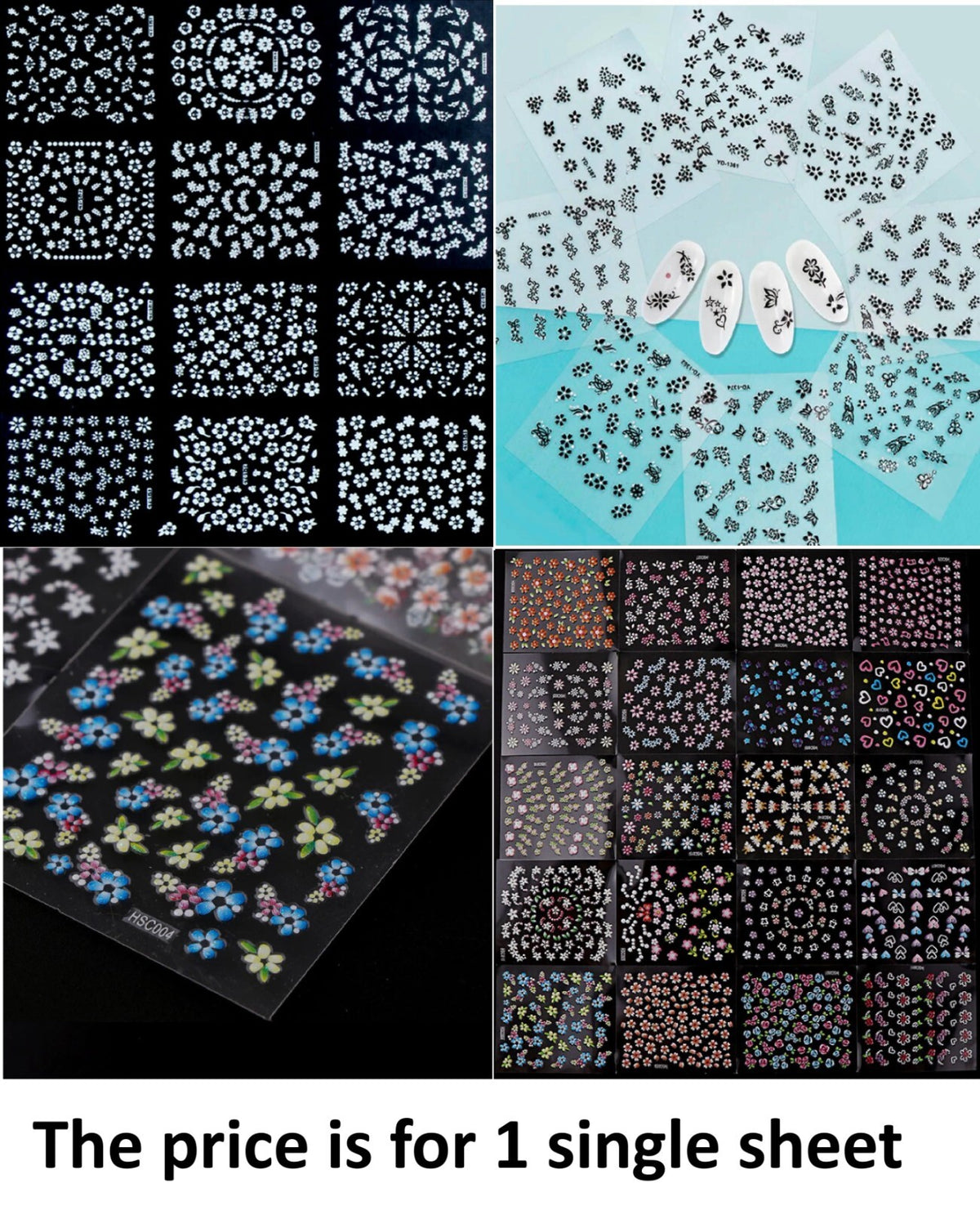 1 Sheet of 3D Nail Art Lace Stickers Decals Transfers Flowers Black White