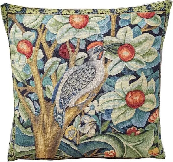 WILLIAM MORRIS BELGIAN TAPESTRY CUSHION COVERS ORANGE TREE PIMPERNEL STRAWBERRY - Woodpecker Facing Right - 45x45cm