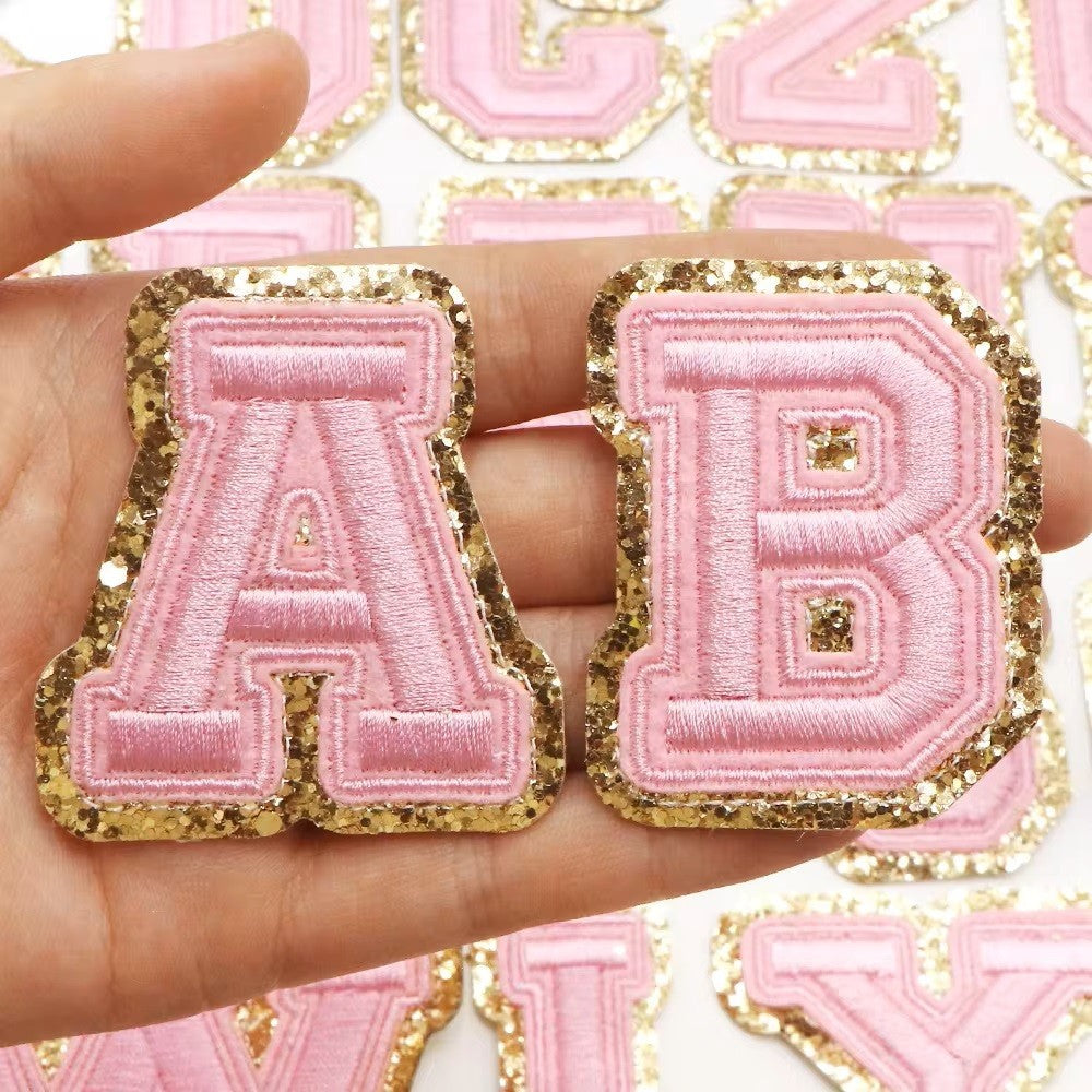 3D Pink & Gold Patch Embroidered Letter Patches Iron on Alphabet 7cm