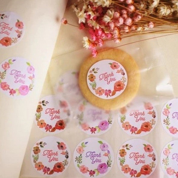 Floral Round Paper Labels 'Thank you' Flower Gift Food Craft Stickers Seal