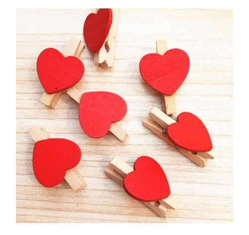 Mini Wooden Pegs with Colour Hearts Craft Wedding Photo Clips Wood 3x1.7cm - Red