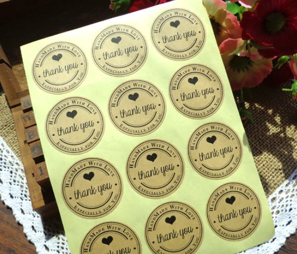 Round Paper Labels 'Thank you, Hand made with love' Gift Craft Stickers BL