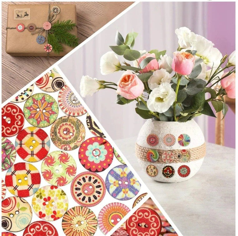 20mm Retro Wooden Buttons - Mixed Pattern Craft Scrapbook - 2 Hole