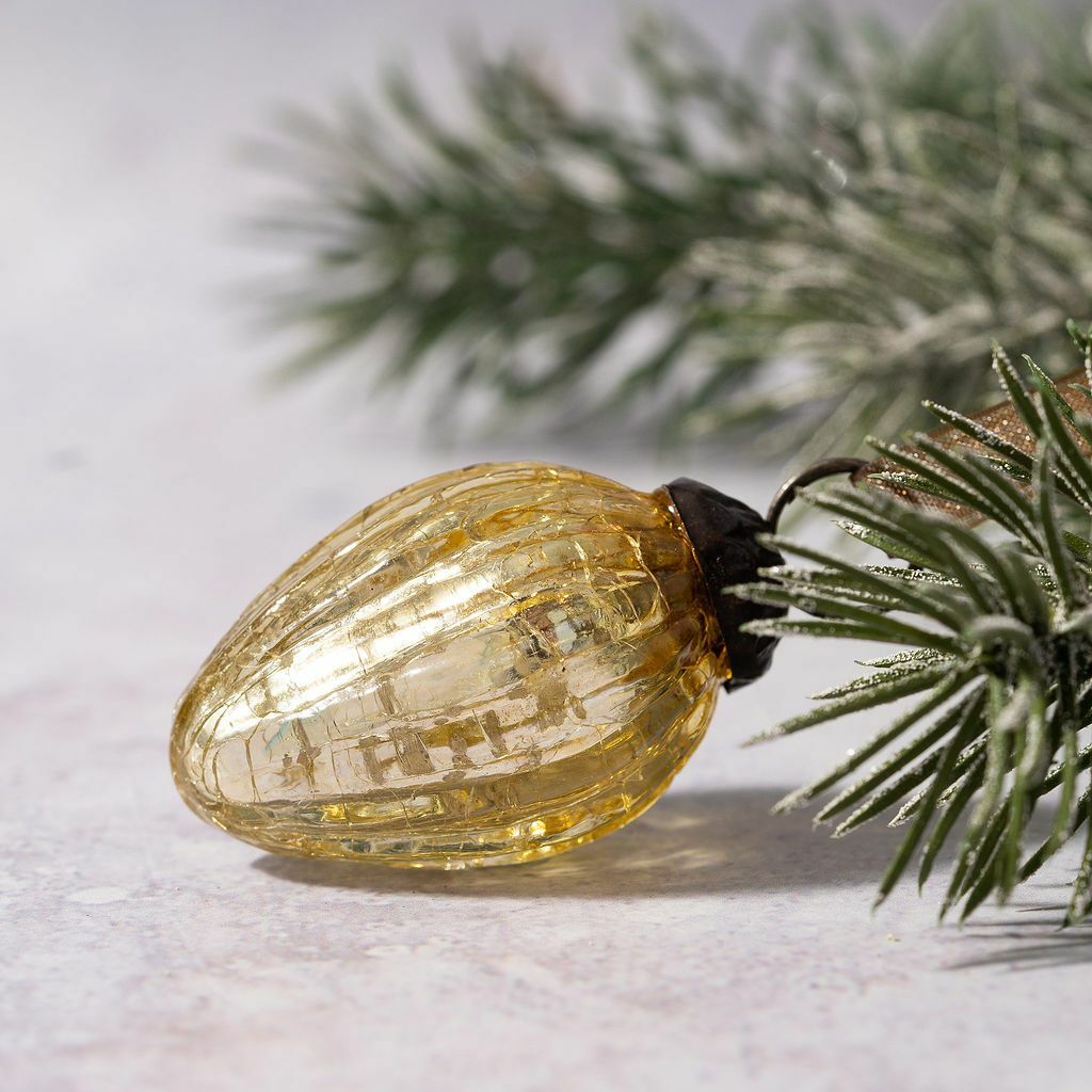 6 Pack Small Glass Handcrafted Baubles Premium Traditional Christmas Tree Craft - Set of 6 Small Gold Crackle Glass Pinecones
