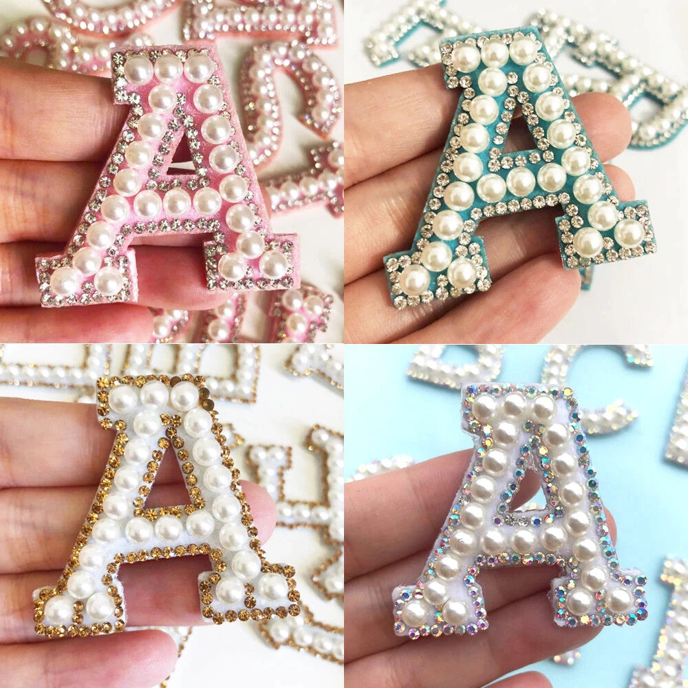Pearl Rhinestone Letter Patch Patches Iron on Sew on Alphabet Pink White Blue