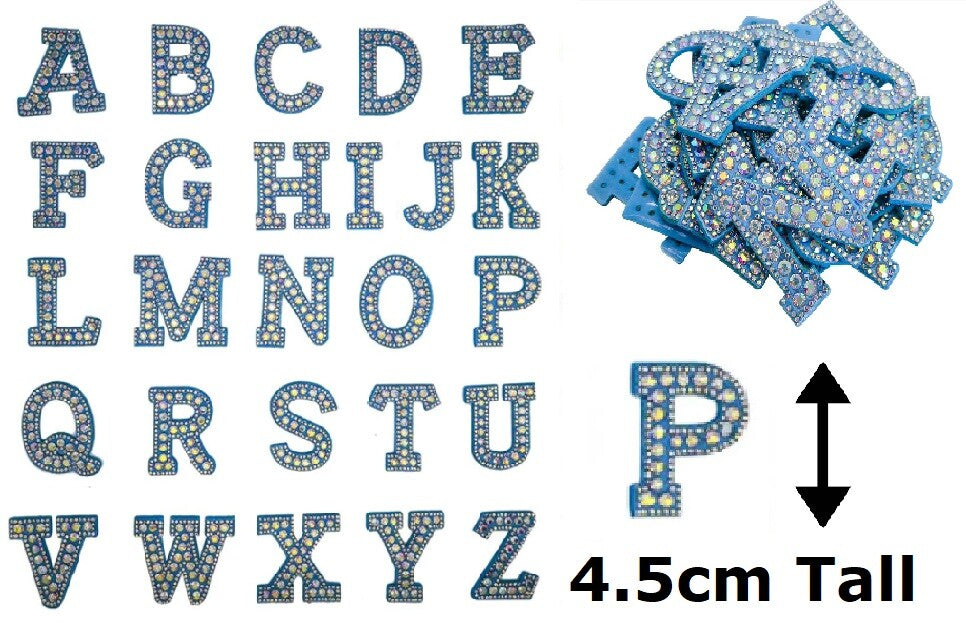 Blue Rhinestone Letter Patch Patches Glue or Sew on Alphabet Crystal Customise