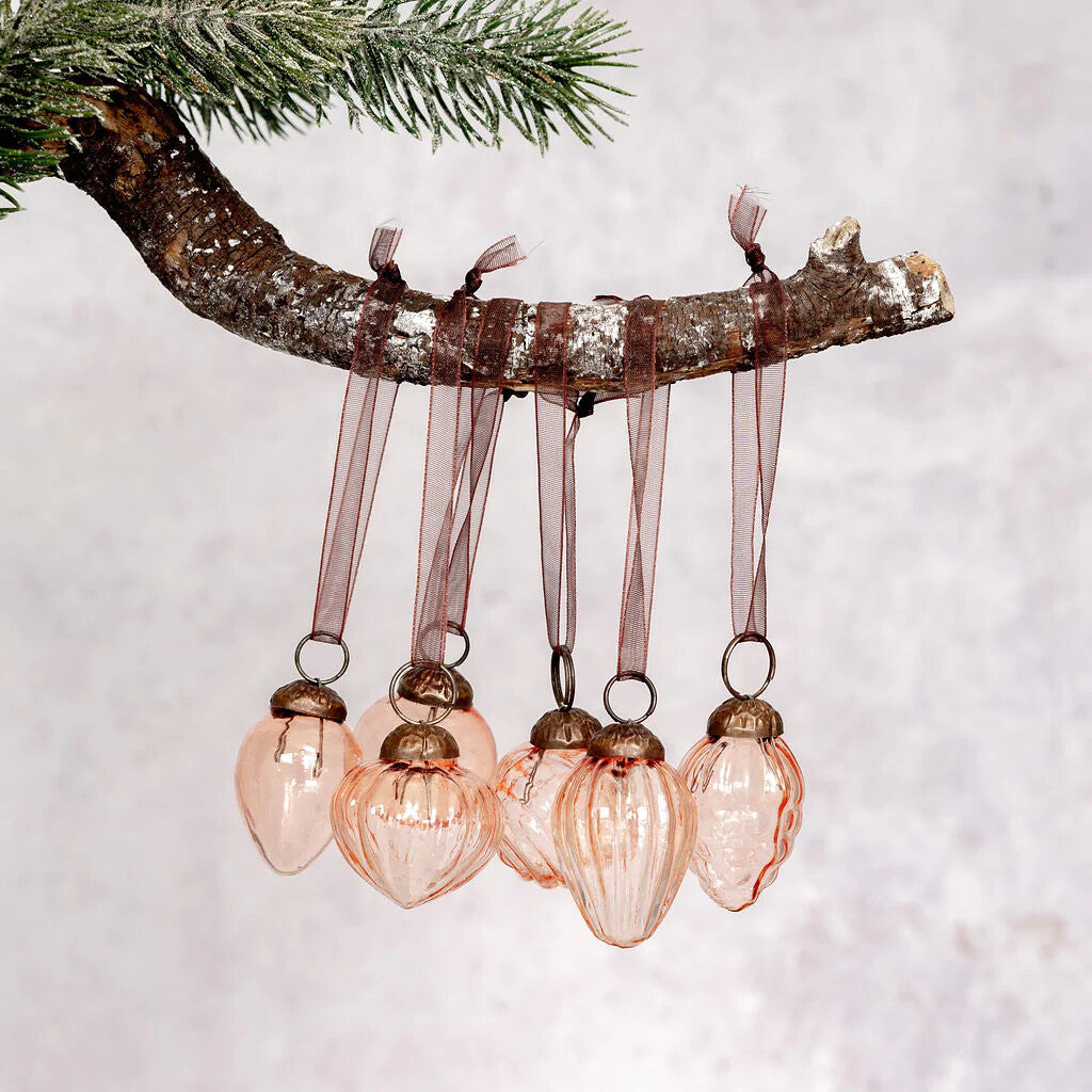 6 Pack Small Glass Handcrafted Baubles Premium Traditional Christmas Tree Craft - Set of 6 Small Mixed Rose Lustre Baubles