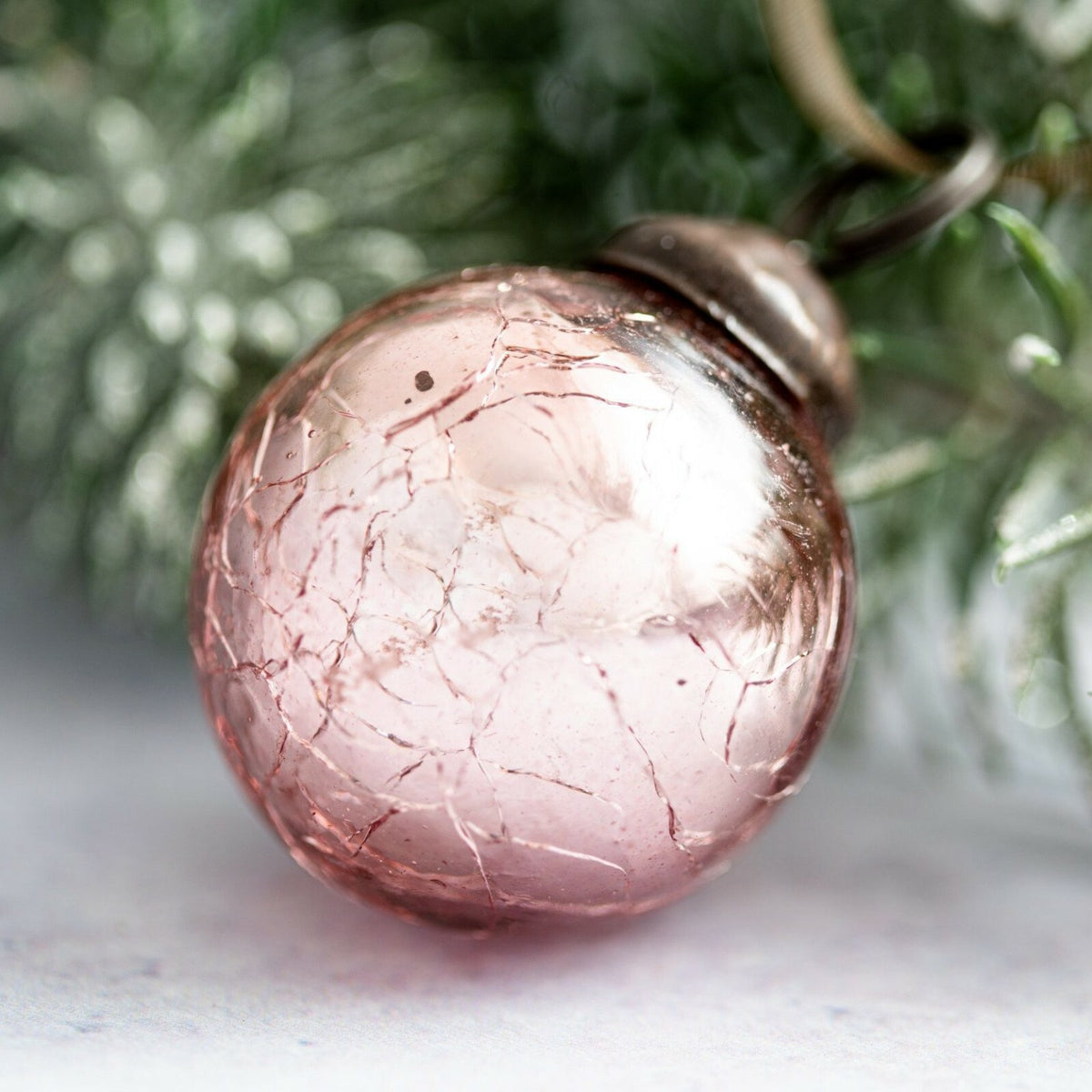 6 Pack Small Glass Handcrafted Baubles Premium Traditional Christmas Tree Craft - Set of 6 Small Rose Quartz Crackle Glass Balls