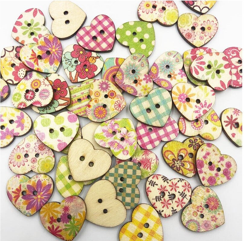 Patterned Wood Heart Buttons Wooden Floral 2 Hole Sewing Craft Ditsy Vintage
