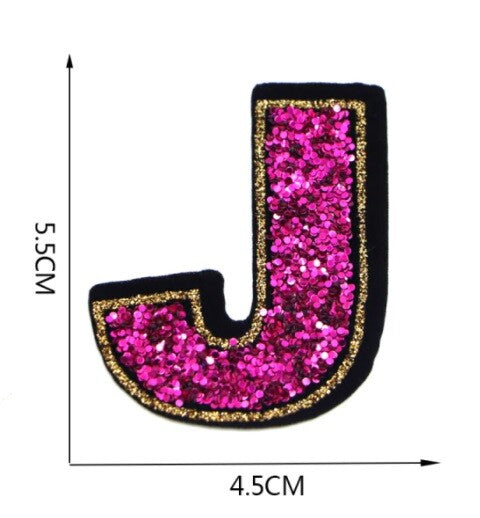 Large Pink Sequins Glitter Letter Patch Iron on Sew on Alphabet Customise 5.5cm - J