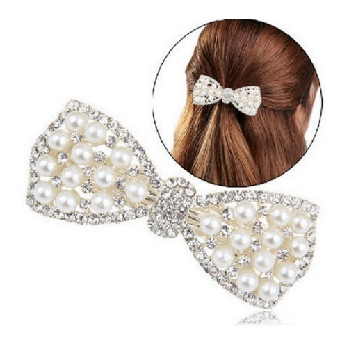 Crystal Bow Gold or Silver Diamante & Pearl Hair Clip Silver Wedding Bridesmaid