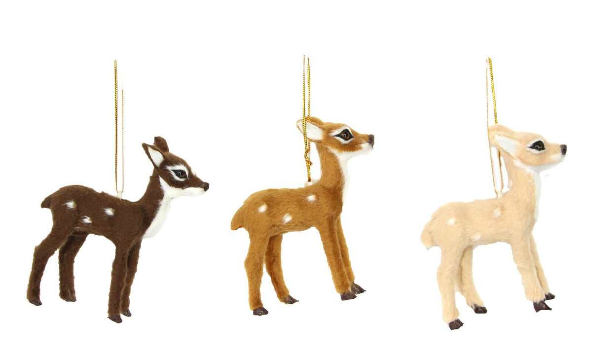 Handcrafted Tree Ornaments Baubles Premium Traditional Christmas Tree Decoration - 3 Set Faux Fur Deer
