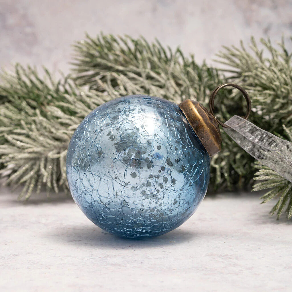 Medium Glass Handcrafted Baubles Premium Traditional Christmas Tree Bauble 5-7cm - Sky Crackle Glass Ball - 1 Bauble