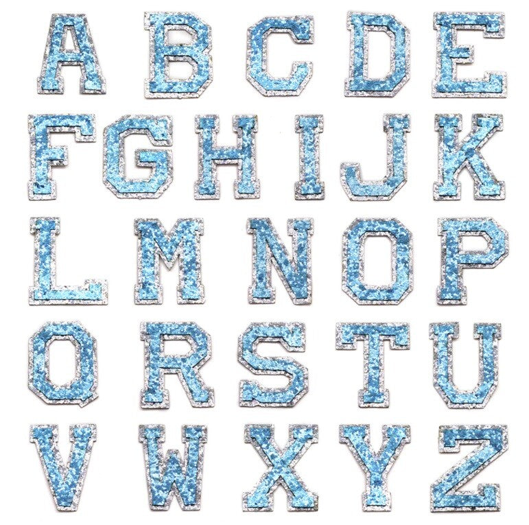 Blue & Silver Glitter Varsity Letter Patch Iron or Sew on Alphabet Patches