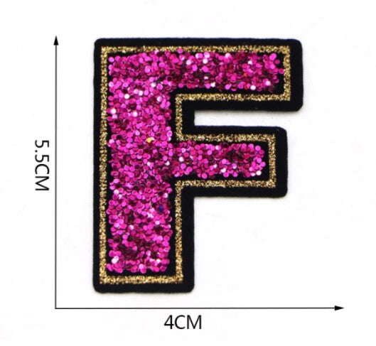 Large Pink Sequins Glitter Letter Patch Iron on Sew on Alphabet Customise 5.5cm - F