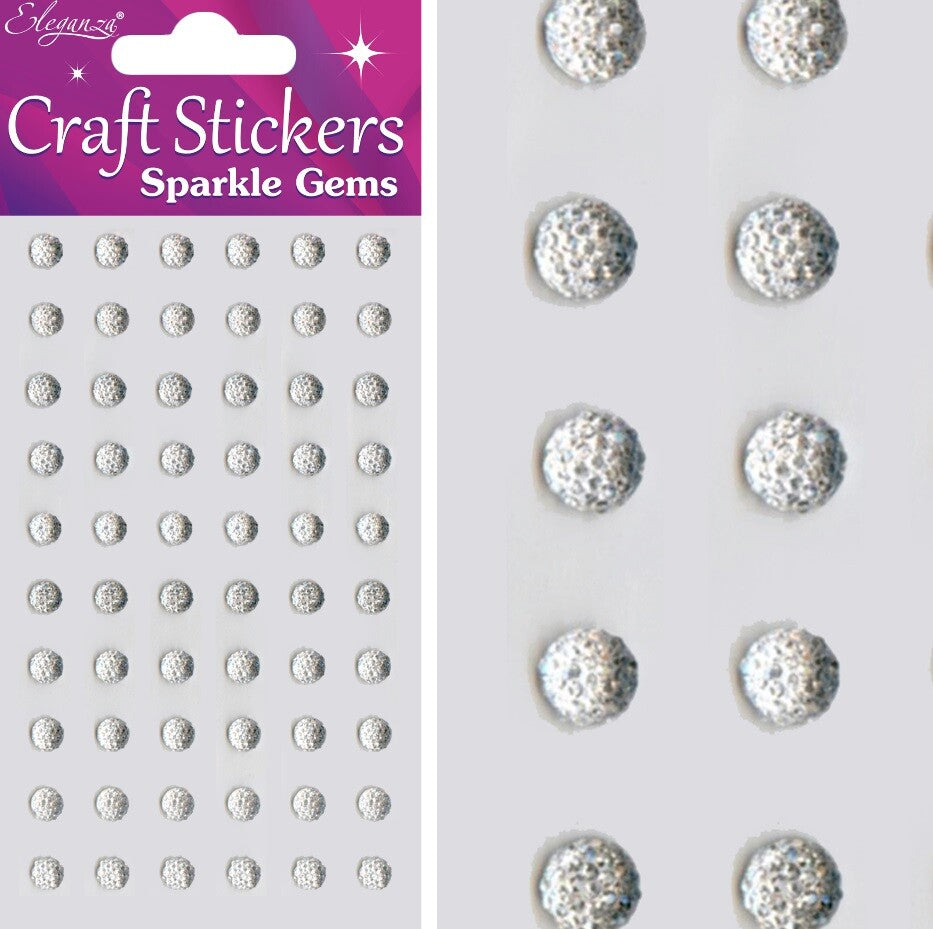 3D Stickers Craft Heart Glitter Gem Craft Embellishments Wedding Self Adhesive - 6mm Silver 60 Piece Round