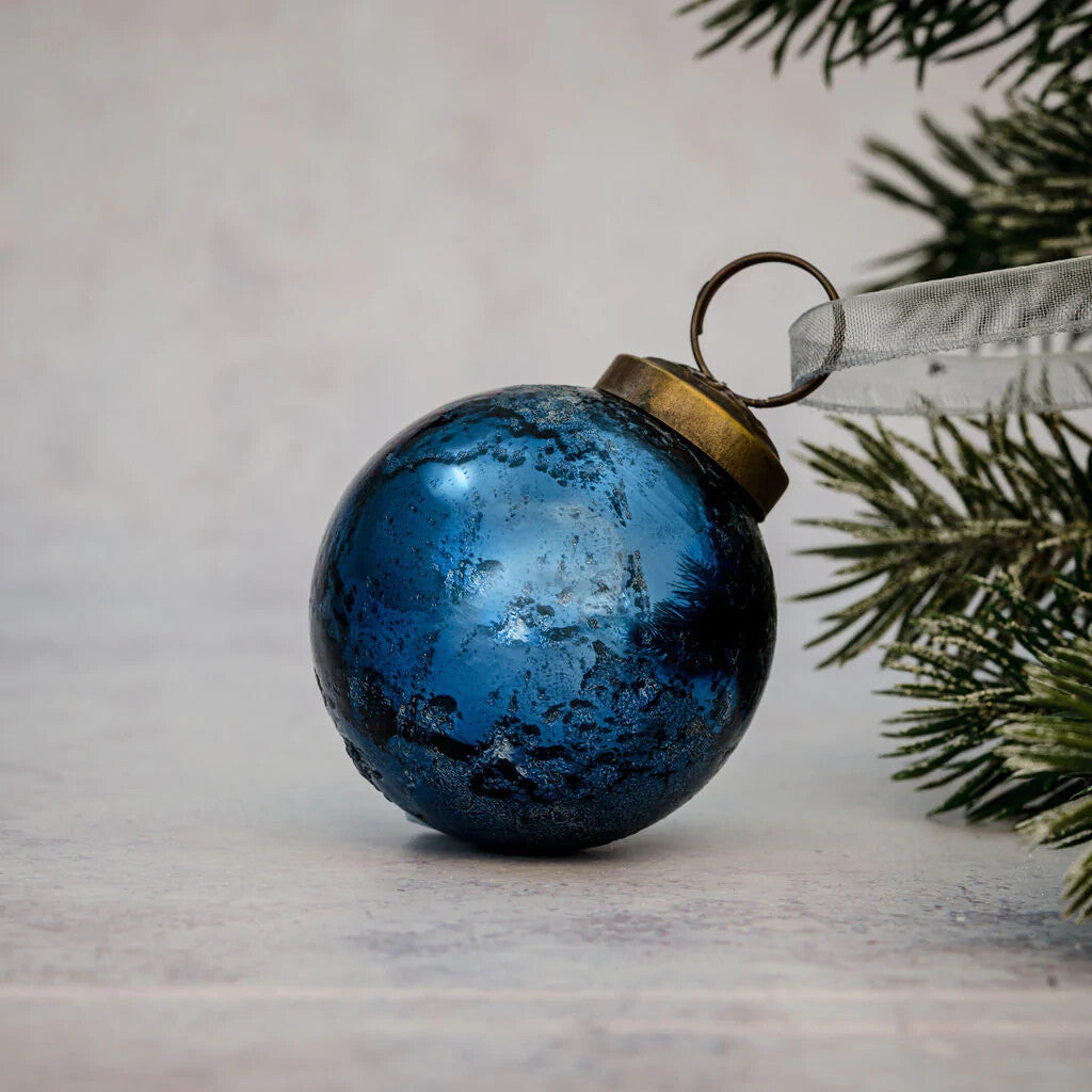 Medium Glass Handcrafted Baubles Premium Traditional Christmas Tree Bauble 5-7cm - Teal Antique Foil Ball - 1 Bauble