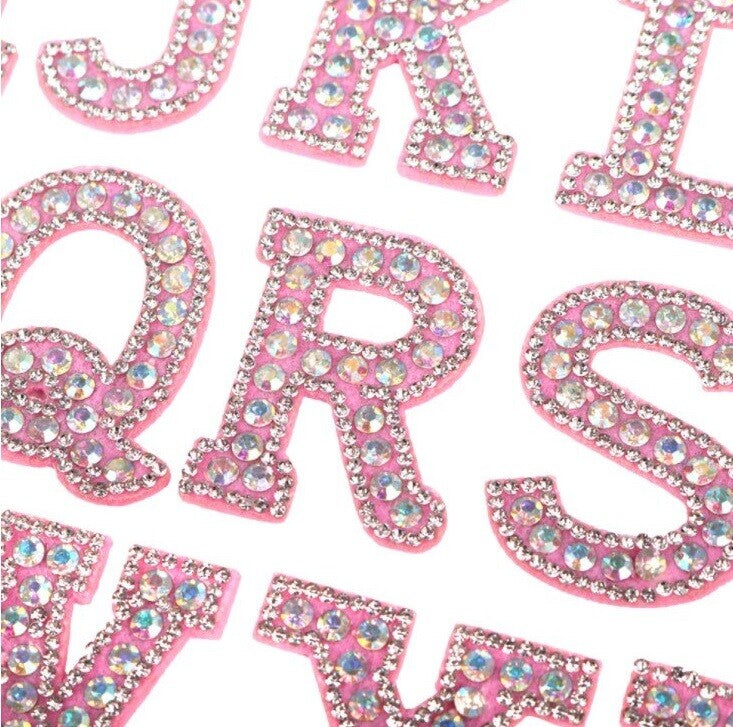 Rhinestone Letter Patch Patches Glue Sew Alphabet Embroidery Letters - Pink with AB Rhinestones