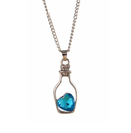 Cute Love Heart in a Bottle Message Pendant Austrian Crystal Necklace Kawaii - Blue