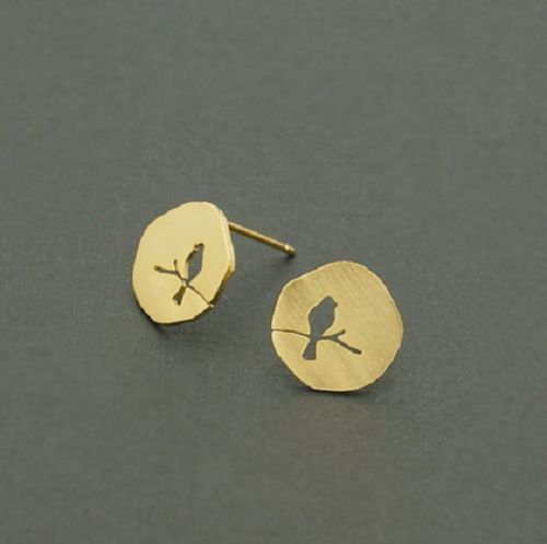 Minimalist Bird On A Branch Stud Earrings Delicate Dainty Cute & Gift Bag - Gold