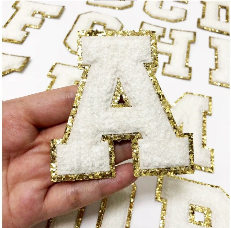 8cm Large 3D White & Gold Chenille Patch Letter Patches Iron or Sew on Alphabet