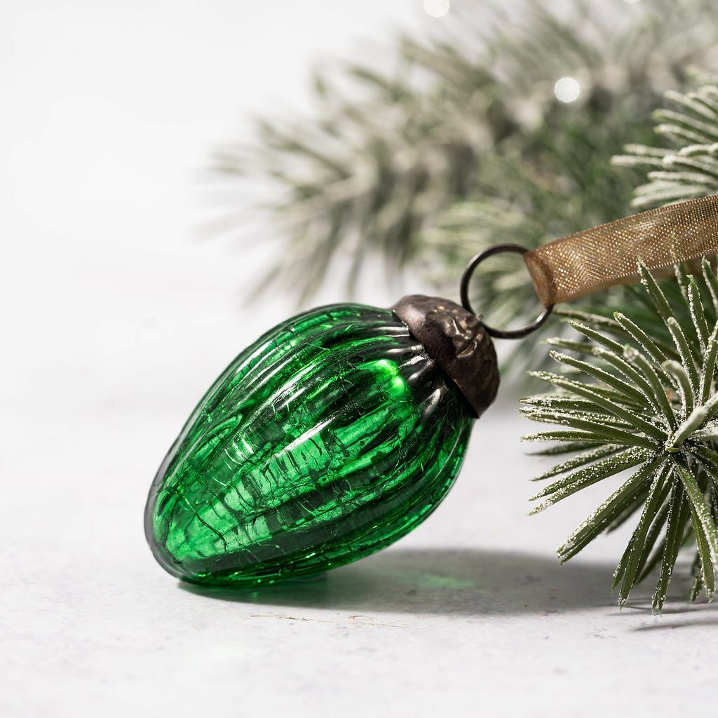 6 Pack Small Glass Handcrafted Baubles Premium Traditional Christmas Tree Craft - Set of 6 Small Emerald Crackle Glass Pinecones