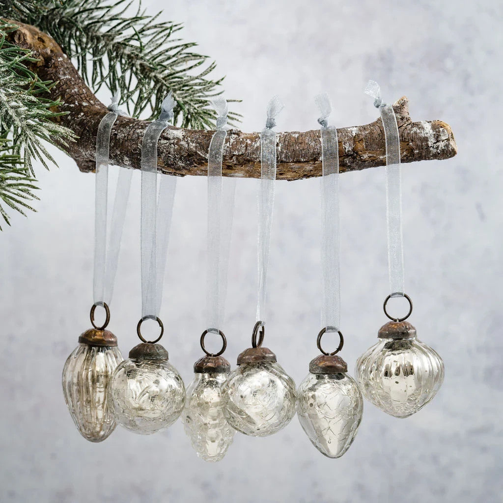6 Pack Small Glass Handcrafted Baubles Premium Traditional Christmas Tree Craft - Set of 6 Silver Crackle Mix