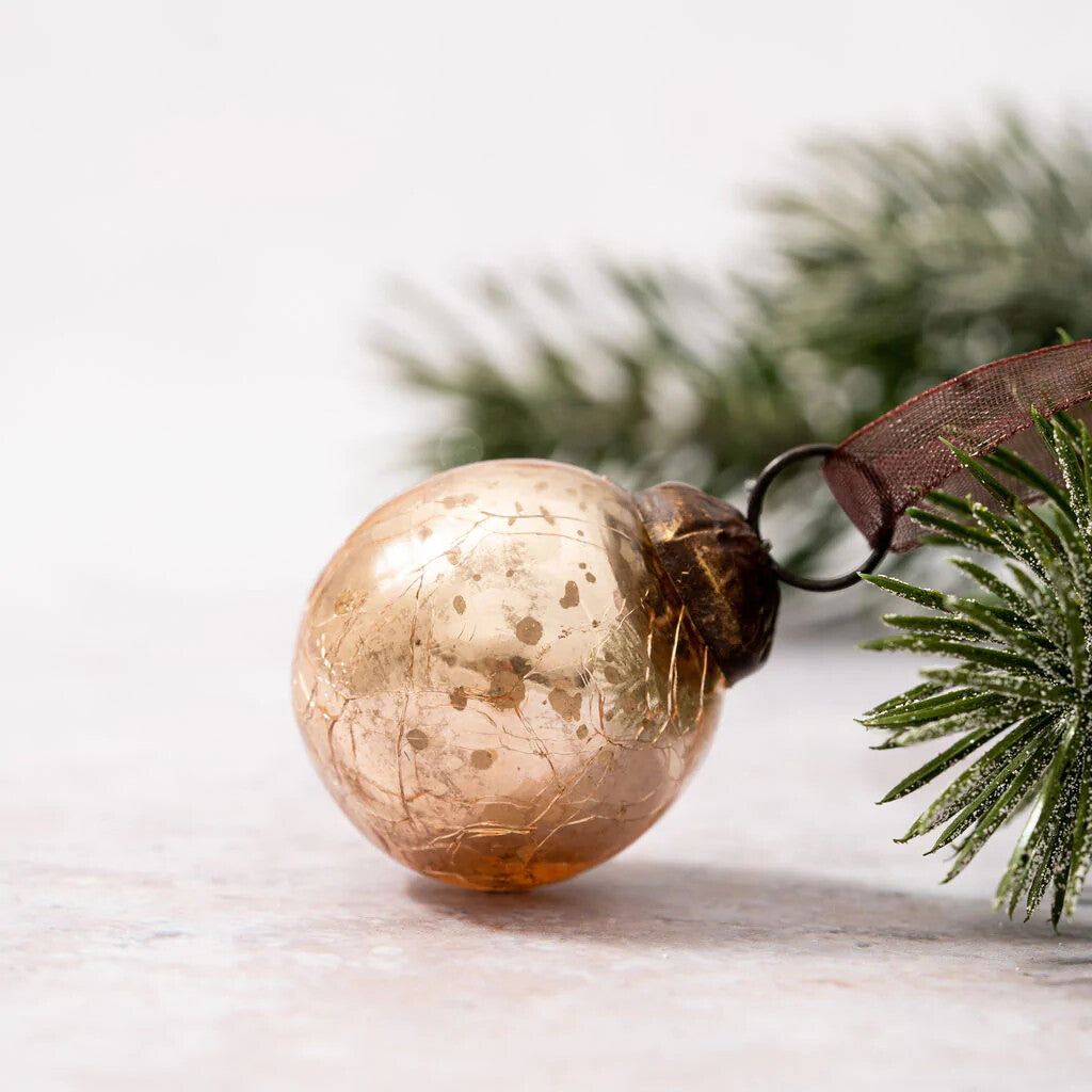 6 Pack Small Glass Handcrafted Baubles Premium Traditional Christmas Tree Craft - Set of 6 Small Champagne Crackle Balls