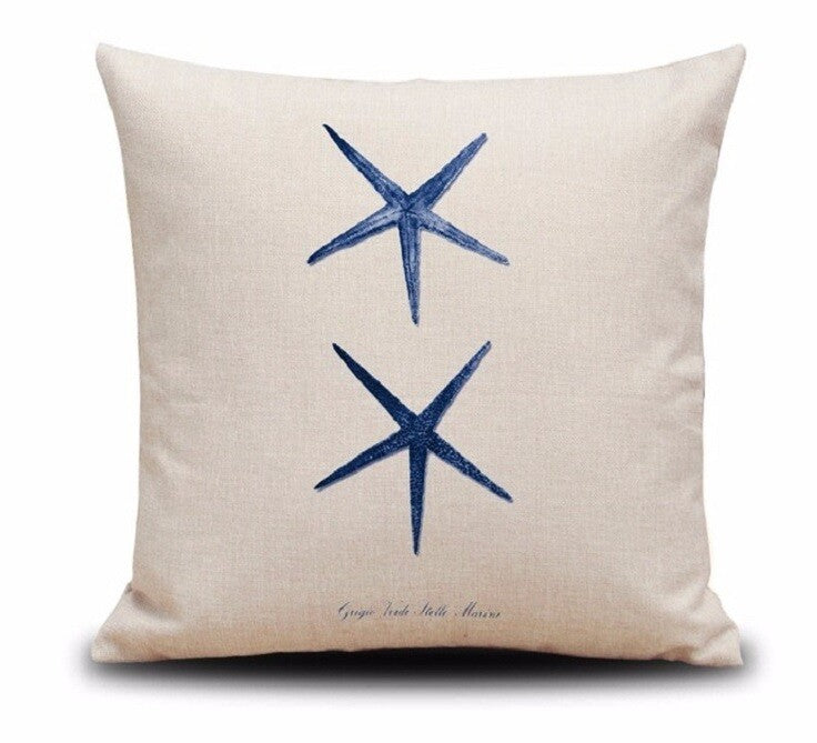 CUSHION COVER DECORATIVE NAUTICAL BEACH CHIC SEAHORSE CORAL DESIGNS 45 x 45 CM - Blue Starfish