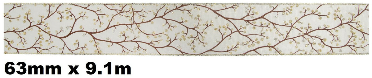Eleganza Festive Christmas Ribbon Roll Craft Wreath Bows Gifts Tree Decoration - Wired Edge Christmas Glitter Berries Ivory/Gold