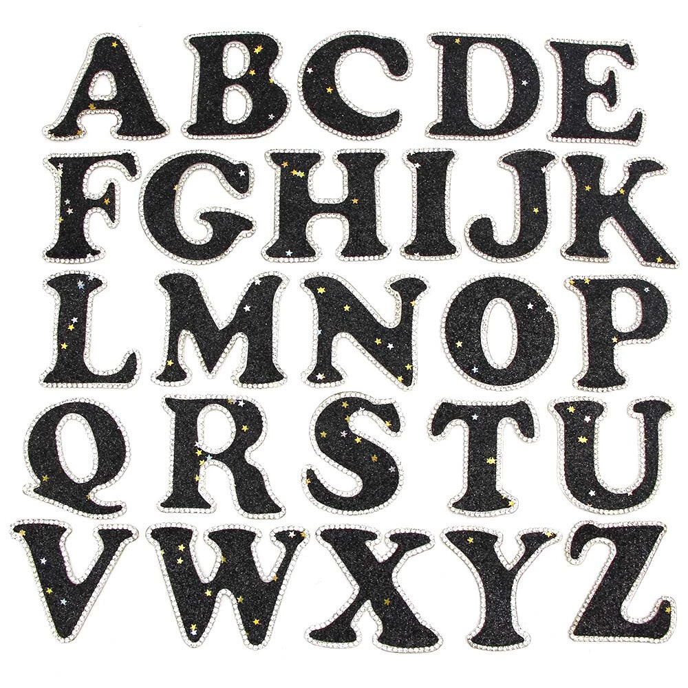 3D Multicoloured Pink Gold Glitter Letter Patch Iron on Alphabet Patches 5cm - Black