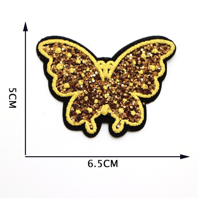 Butterfly Embroidered Iron on Glitter Sequins Patch Customise Clothing Patches - Coffee