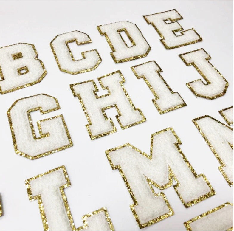 8cm Large 3D White & Gold Chenille Patch Letter Patches Iron or Sew on Alphabet