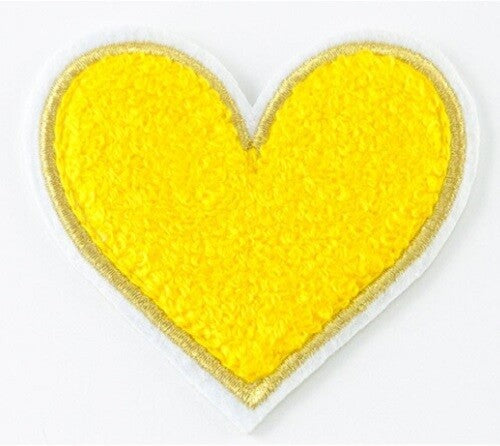 3D Large Chenille Towel Heart Patch Iron on Sew on Customise Clothing Craft 7cm - Yellow