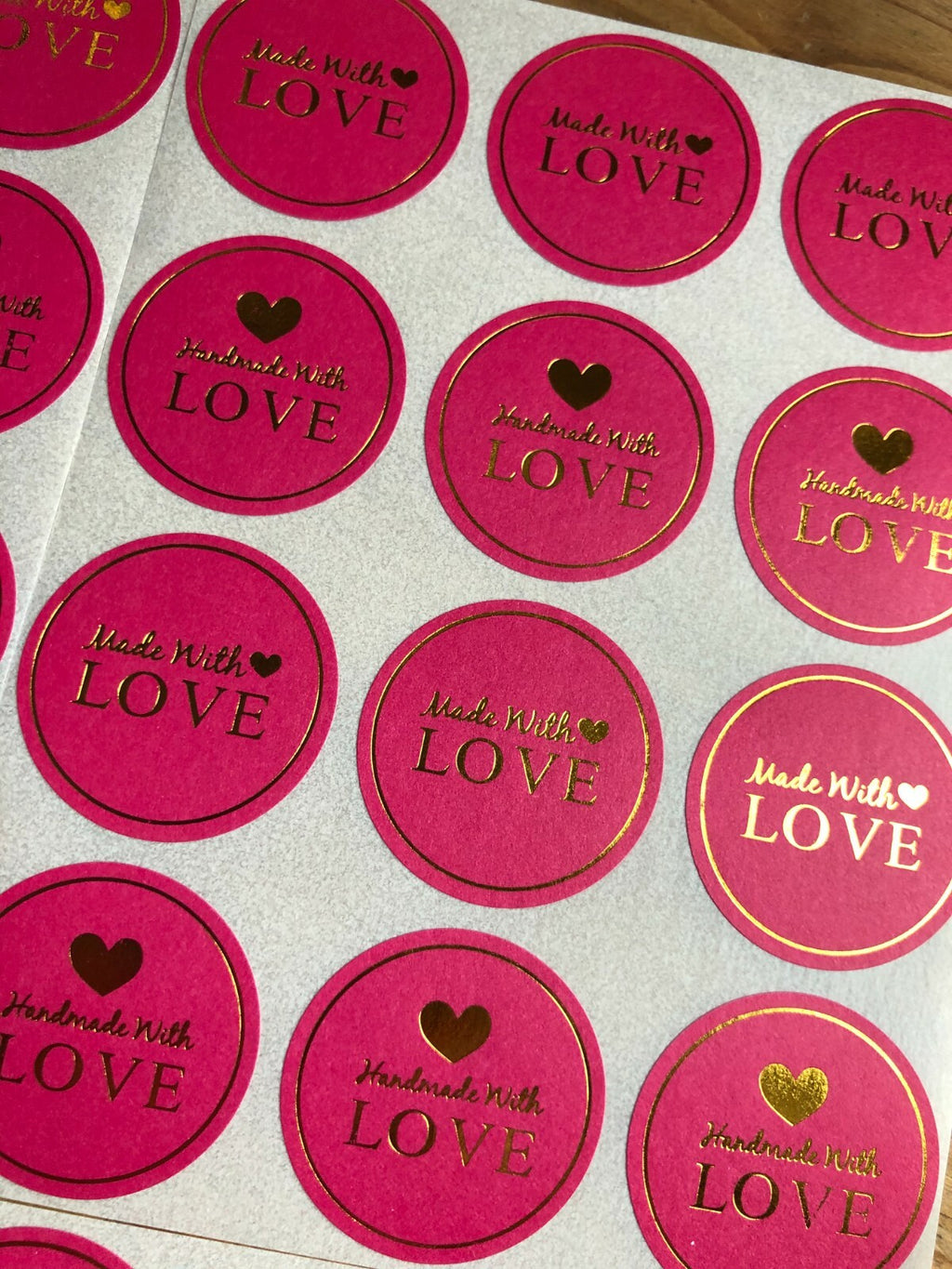 Round Paper Labels Handmade with Love hand made Stickers Pink & Gold 3.5cm
