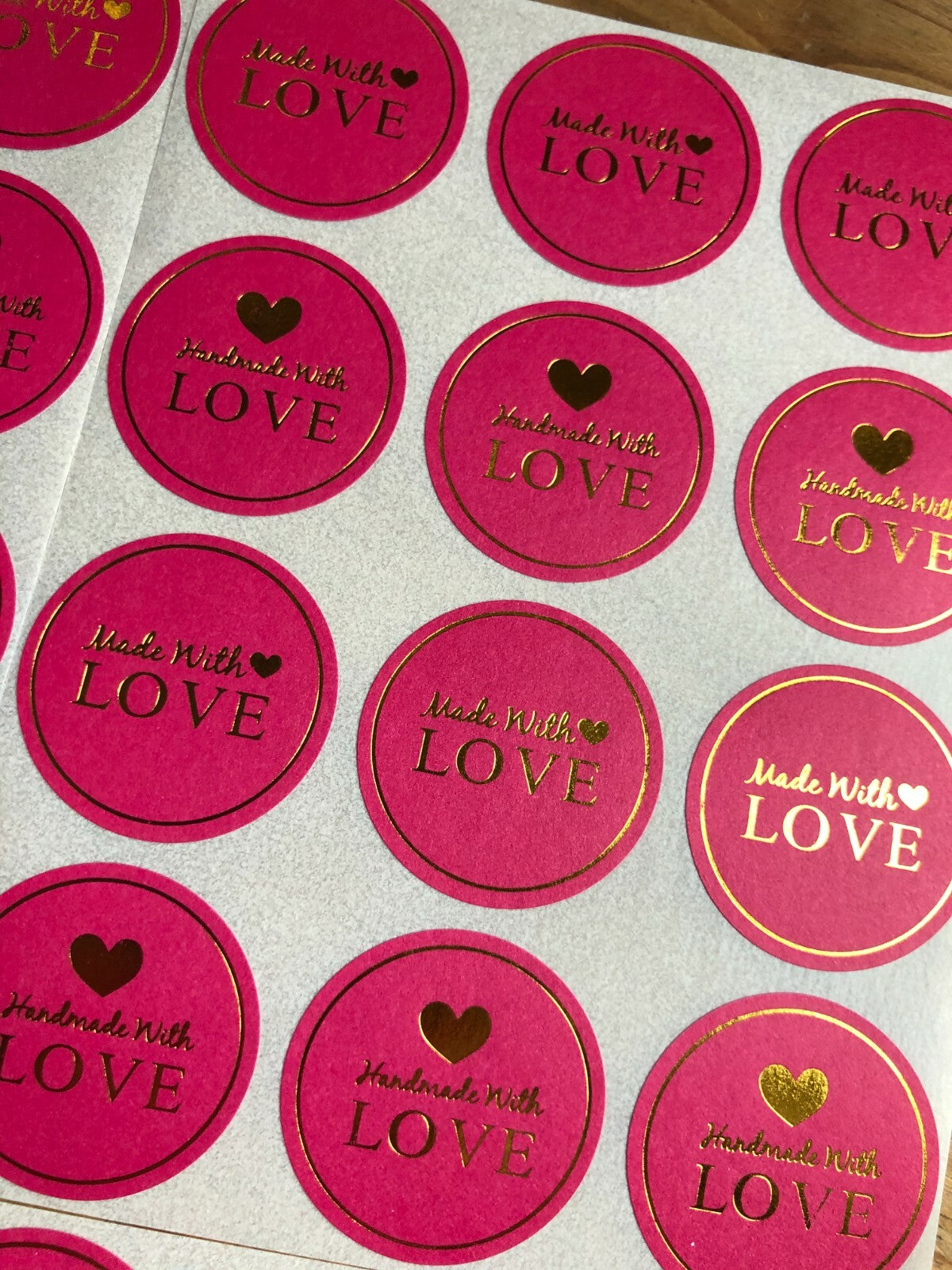 Round Paper Labels Handmade with Love hand made Stickers Pink & Gold 3.5cm