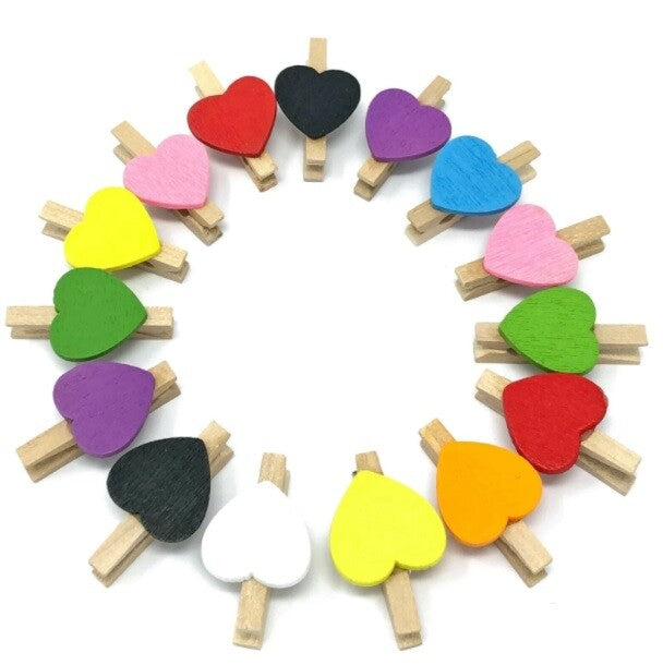 Mini Wooden Pegs with Colour Hearts Craft Wedding Photo Clips Wood 3x1.7cm