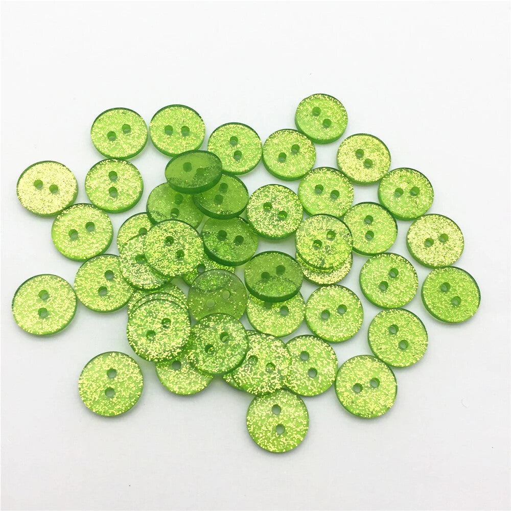 13mm, 15mm or 19mm Glitter Sparkly Buttons - Round - 2 Hole - Sewing - Craft - Light Green