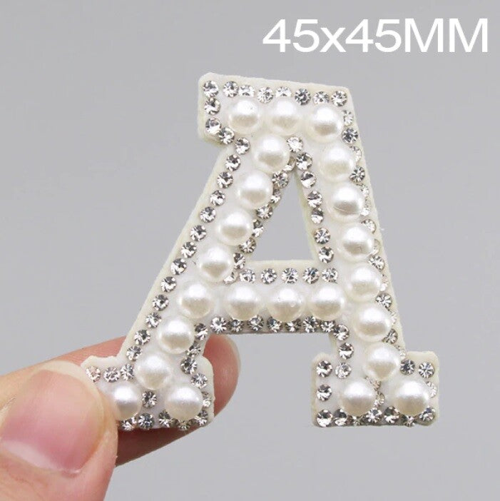 White Pearl Silver Rhinestone Letter Patch Patches Iron Sew on Alphabet Crystal