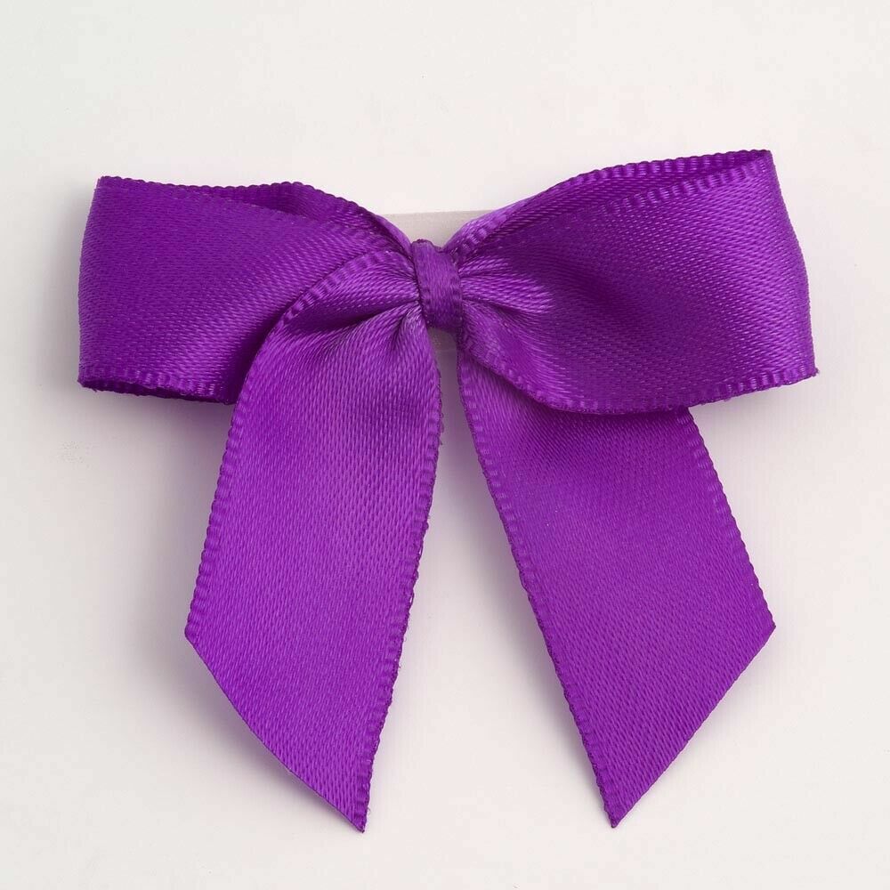 Self Adhesive 5cm Bow Satin Bows Sticky Pre-Tied 16mm Ribbon Craft Wedding - Purple